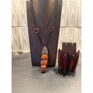 Vintage (?) African Style Wood Beaded Necklace and Bracelet Lot - 2 Items